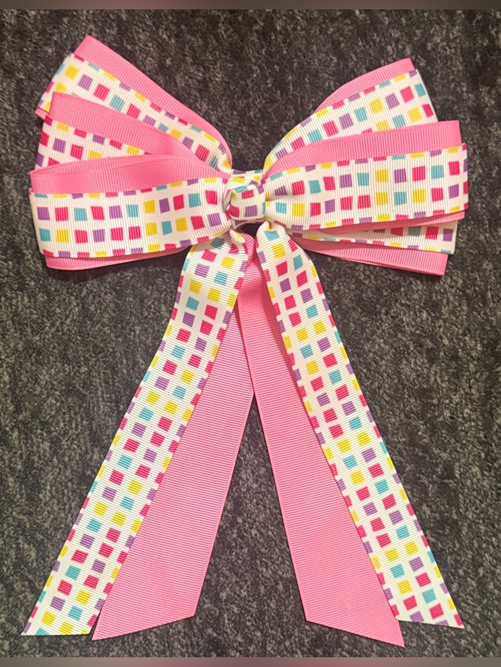 Pink Multi-Color Square Pattern Kids Hair Bow